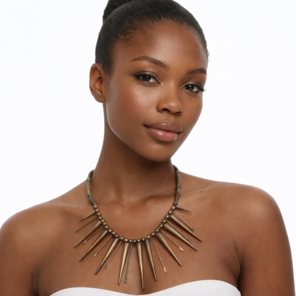 Antiqued Brass Tone Spike Fringe Statement Necklace Industrial Punk Collar J-01‎
